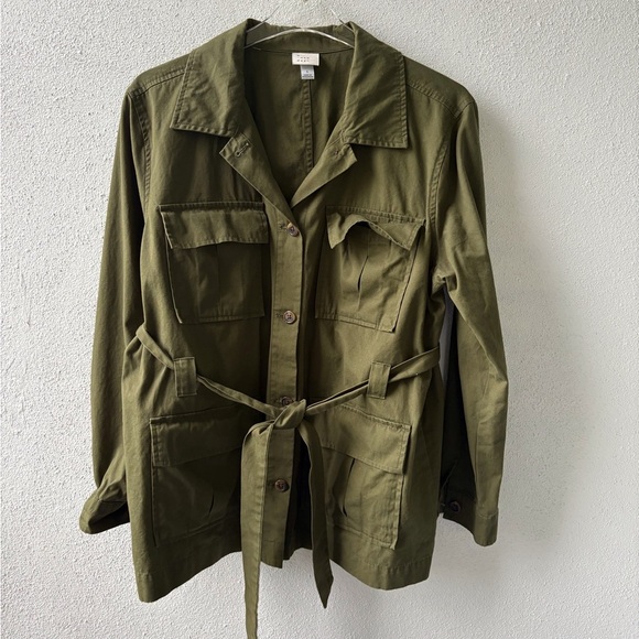 A New Day Women’s Olive Green Utility Jacket Size L Pockets Belted Buttons - Picture 1 of 13